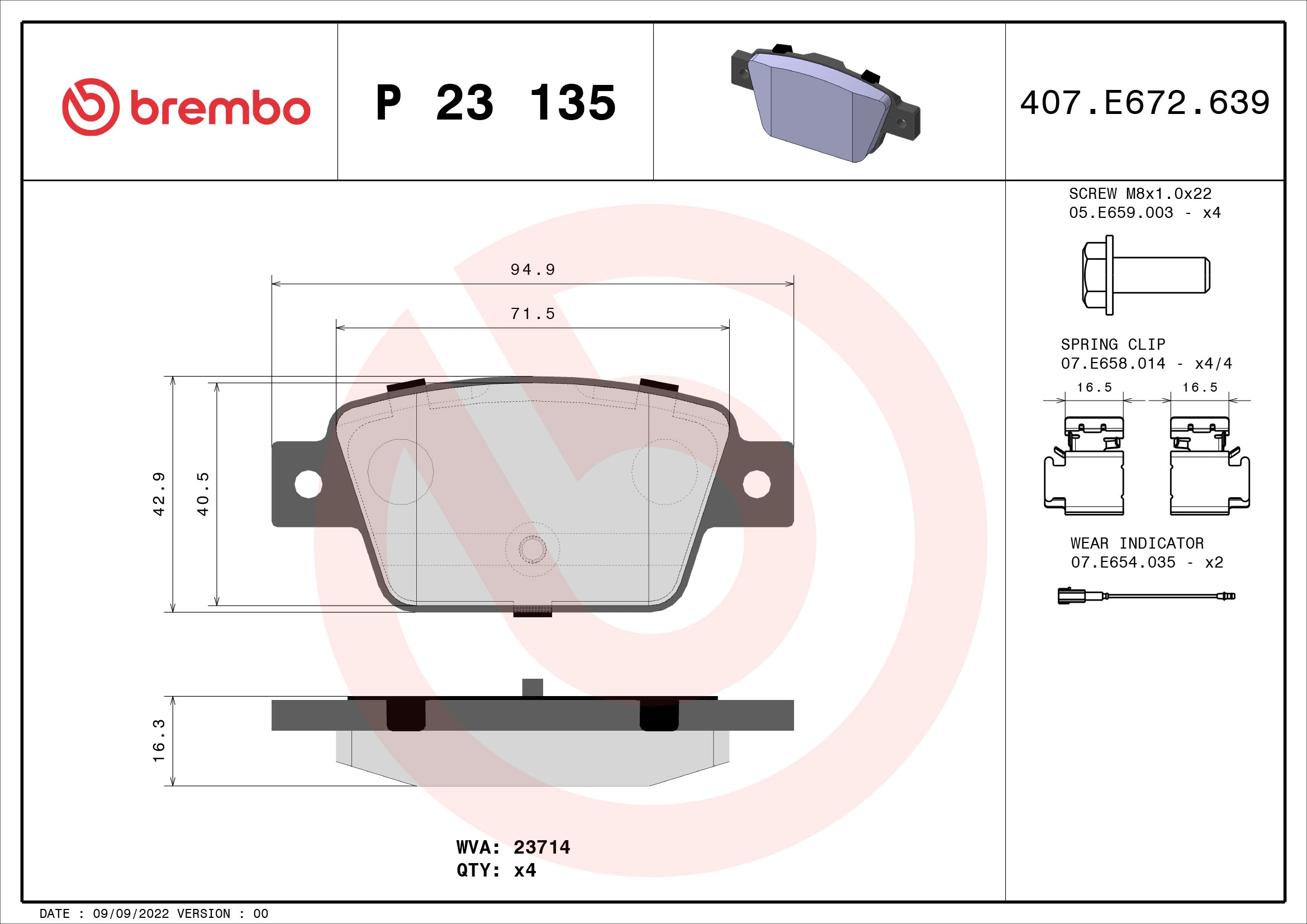 Kit de plaquettes de frein, frein à disque BREMBO P 23 135