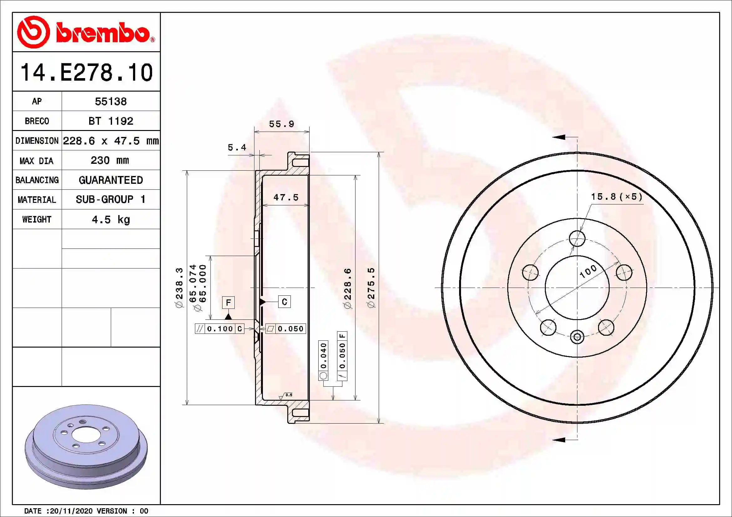 Tambour de frein BREMBO 14.E278.10