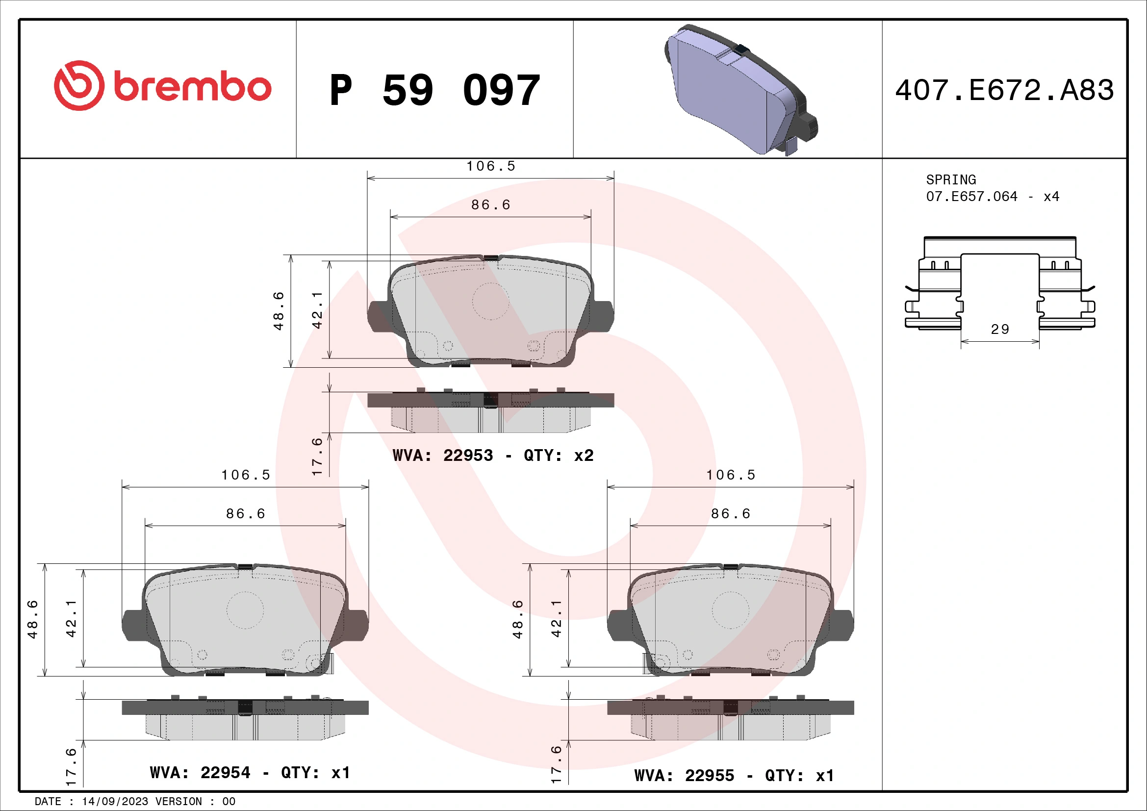 Kit de plaquettes de frein, frein à disque BREMBO P 59 097