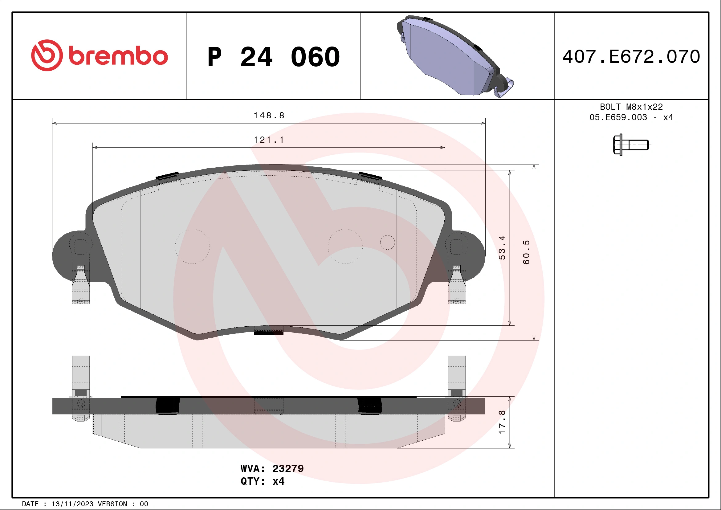 Kit de plaquettes de frein, frein à disque BREMBO P 24 060