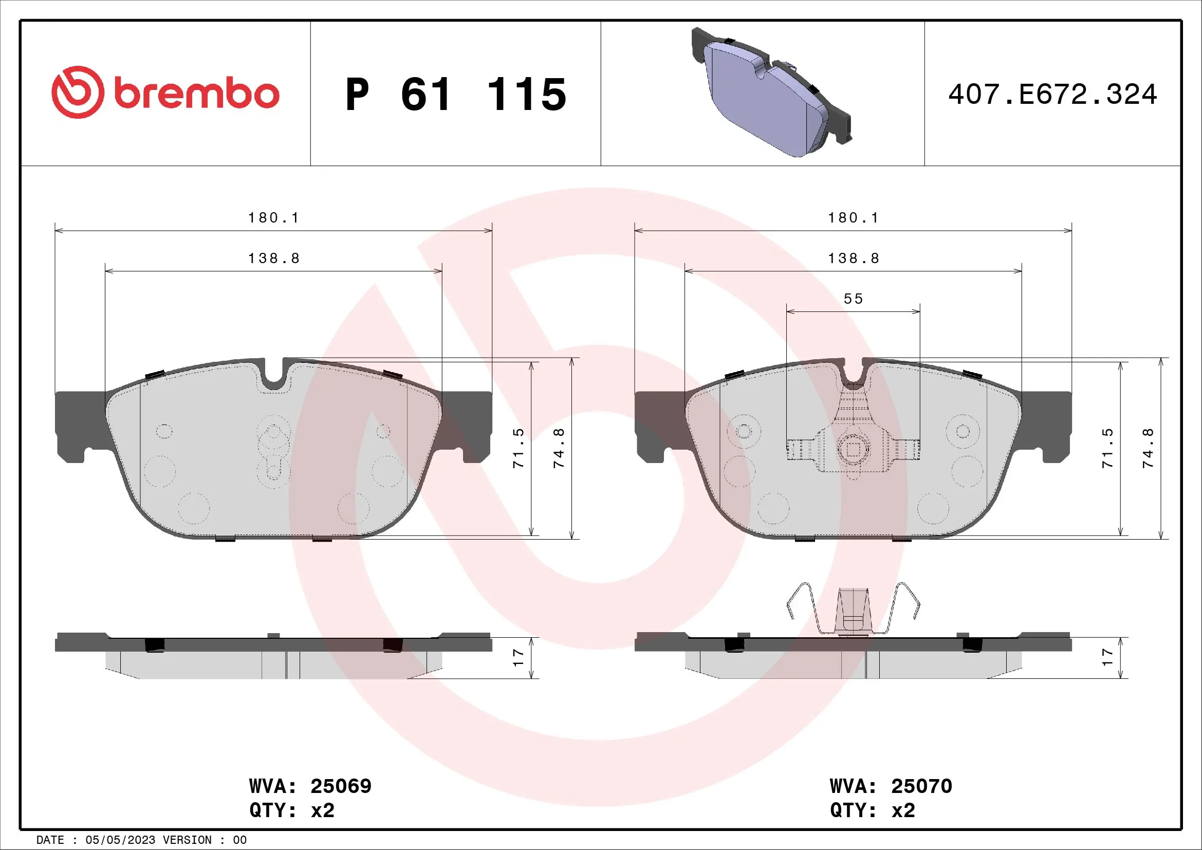 Kit de plaquettes de frein, frein à disque BREMBO P 61 115