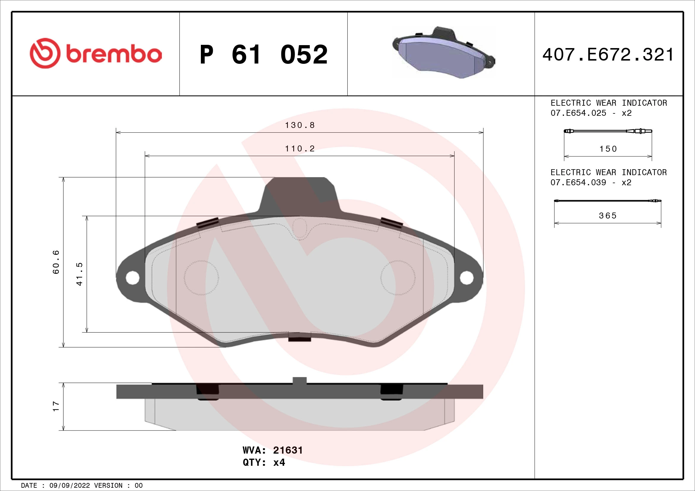 Kit de plaquettes de frein, frein à disque BREMBO P 61 052