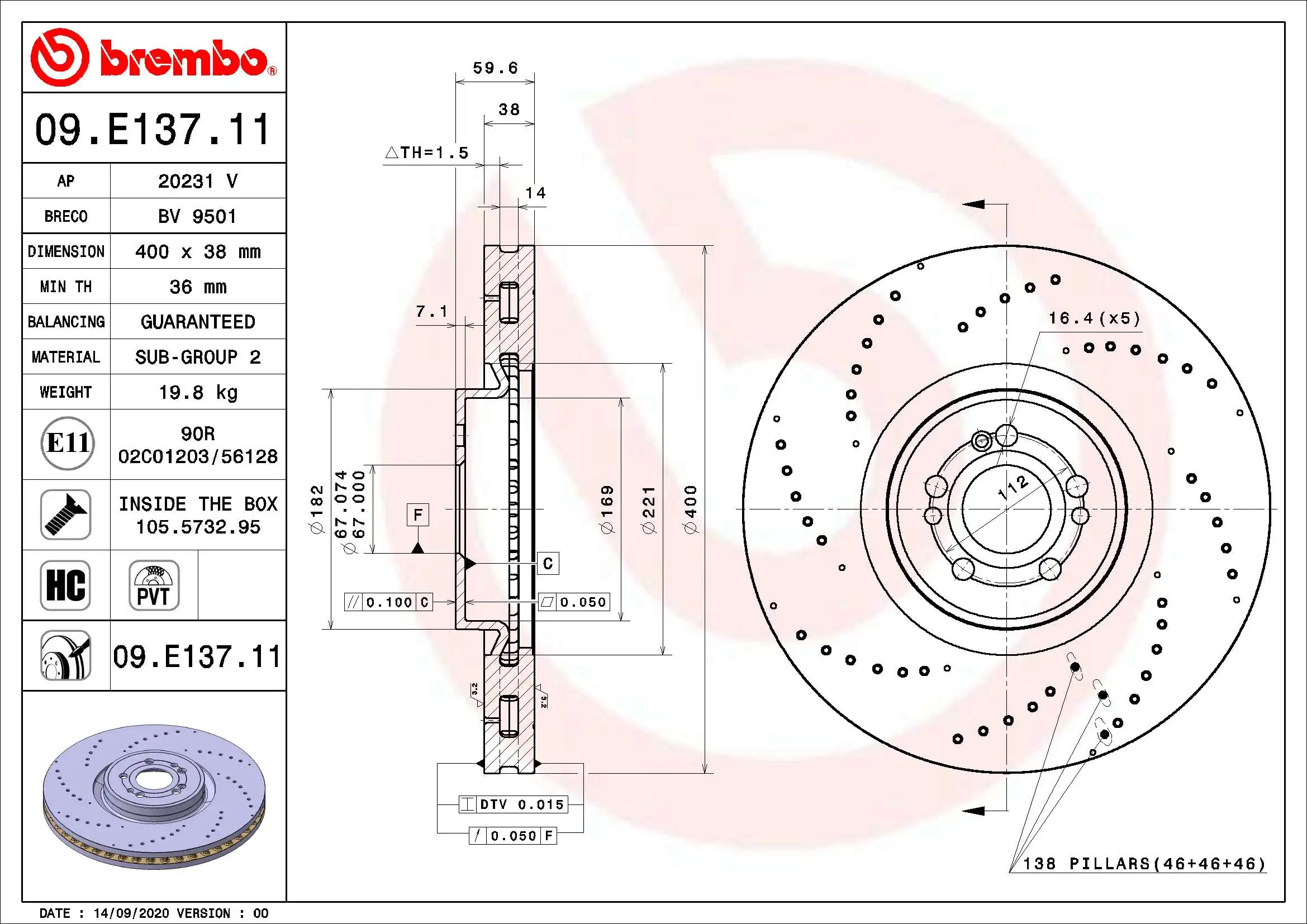 Disque de frein BREMBO 09.E137.11