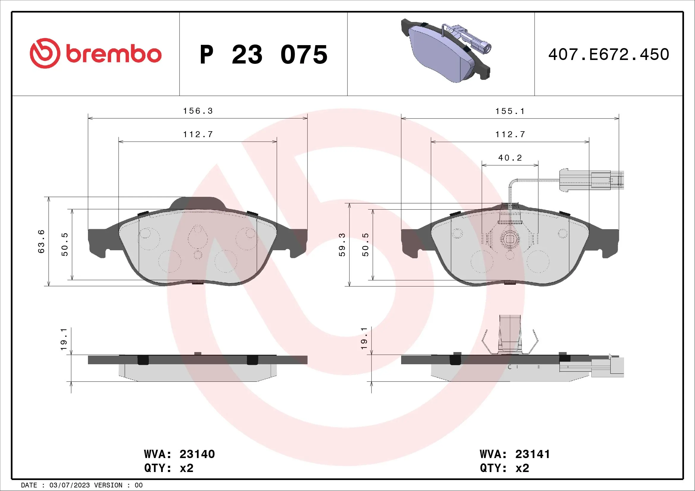 Kit de plaquettes de frein, frein à disque BREMBO P 23 075