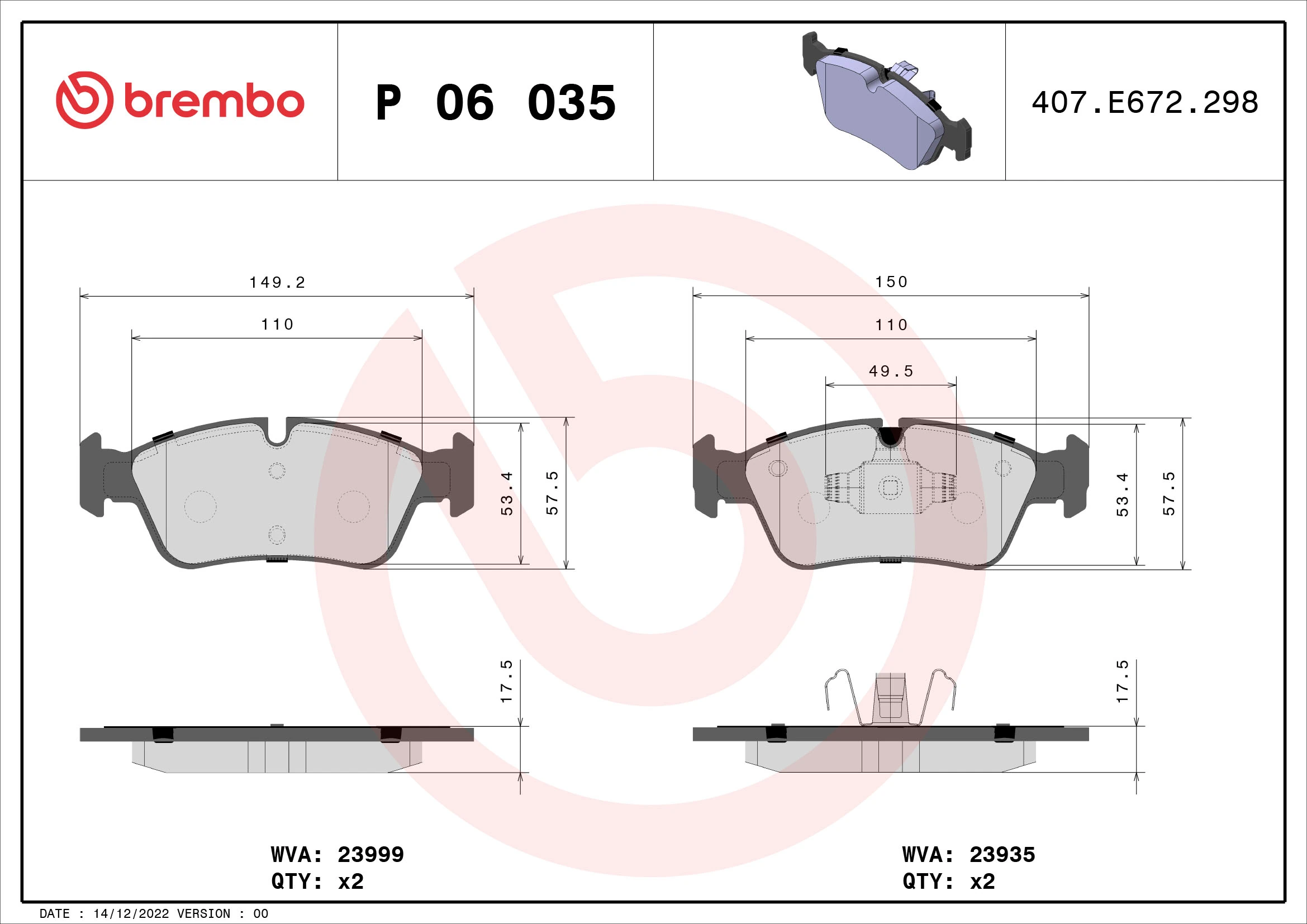 Kit de plaquettes de frein, frein à disque BREMBO P 06 035