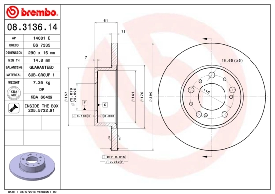 Disque de frein BREMBO 08.3136.14