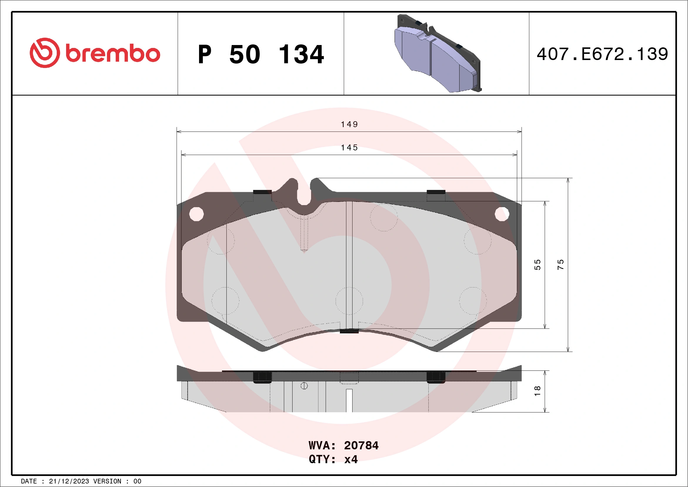 Kit de plaquettes de frein, frein à disque BREMBO P 50 134
