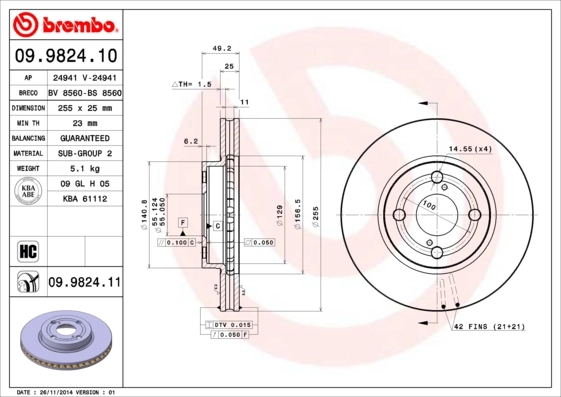 Disque de frein BREMBO 09.9824.11