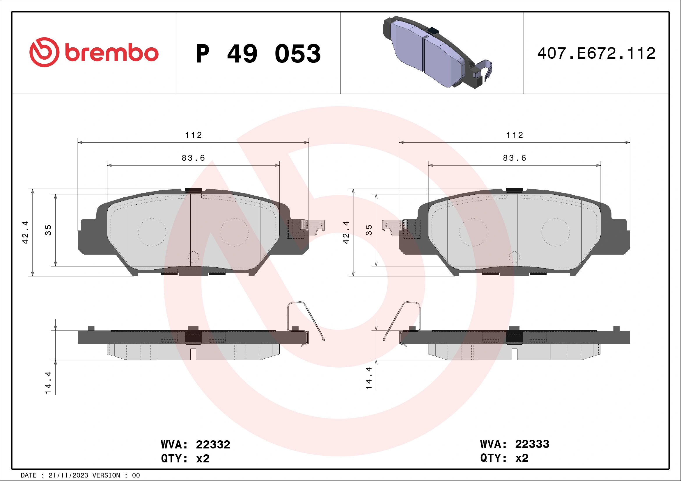 BREMBO P 49 053 — Колодка гальм. диск. MAZDA CX-5 задн. (вир-во BREMBO)