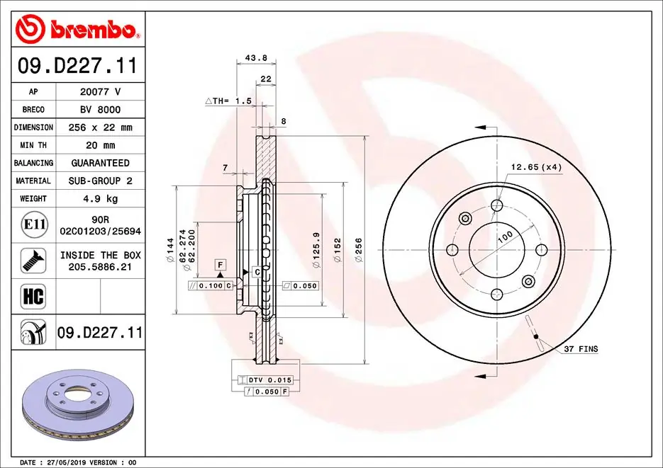 Disque de frein BREMBO 09.D227.11