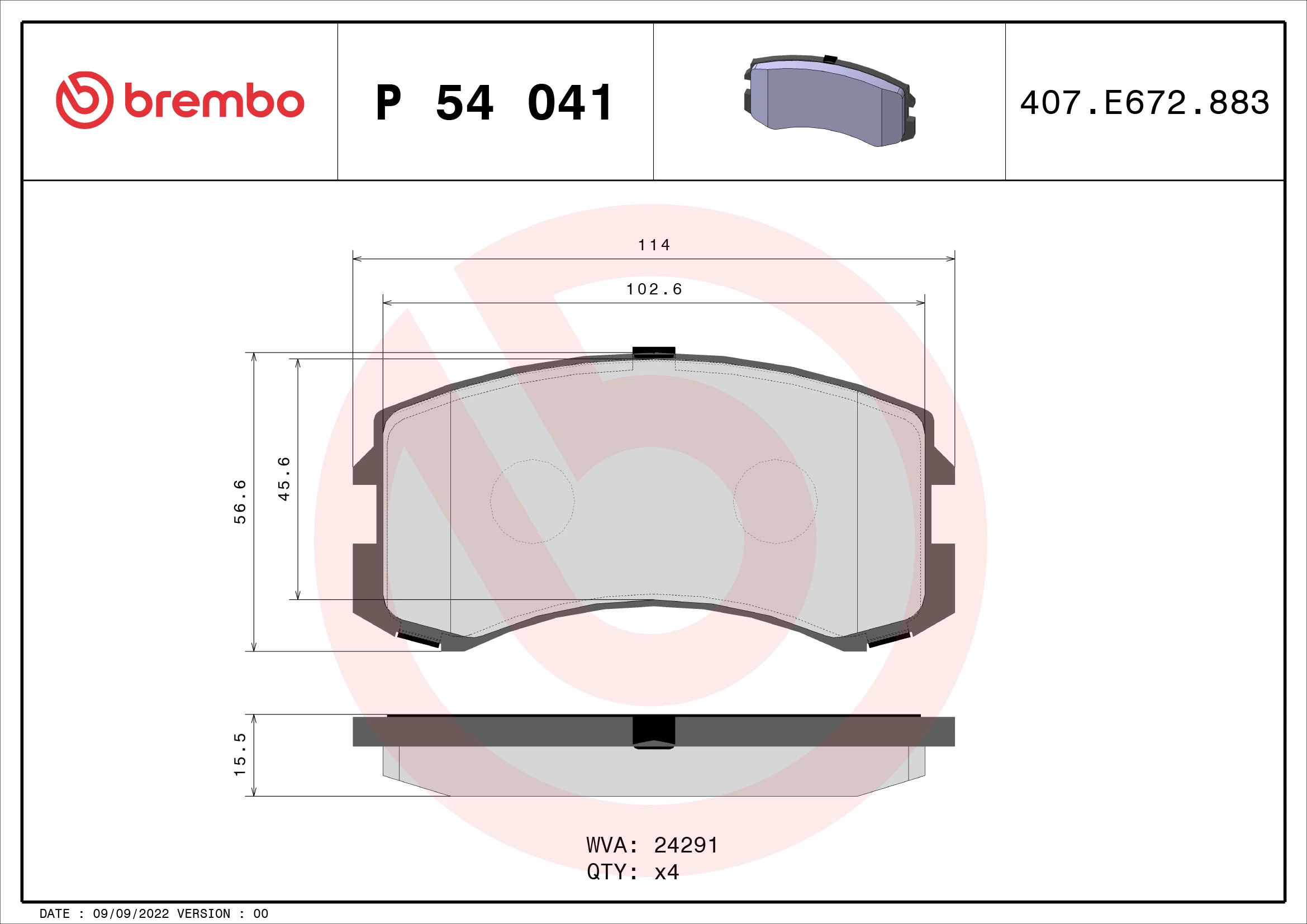 Kit de plaquettes de frein, frein à disque BREMBO P 54 041