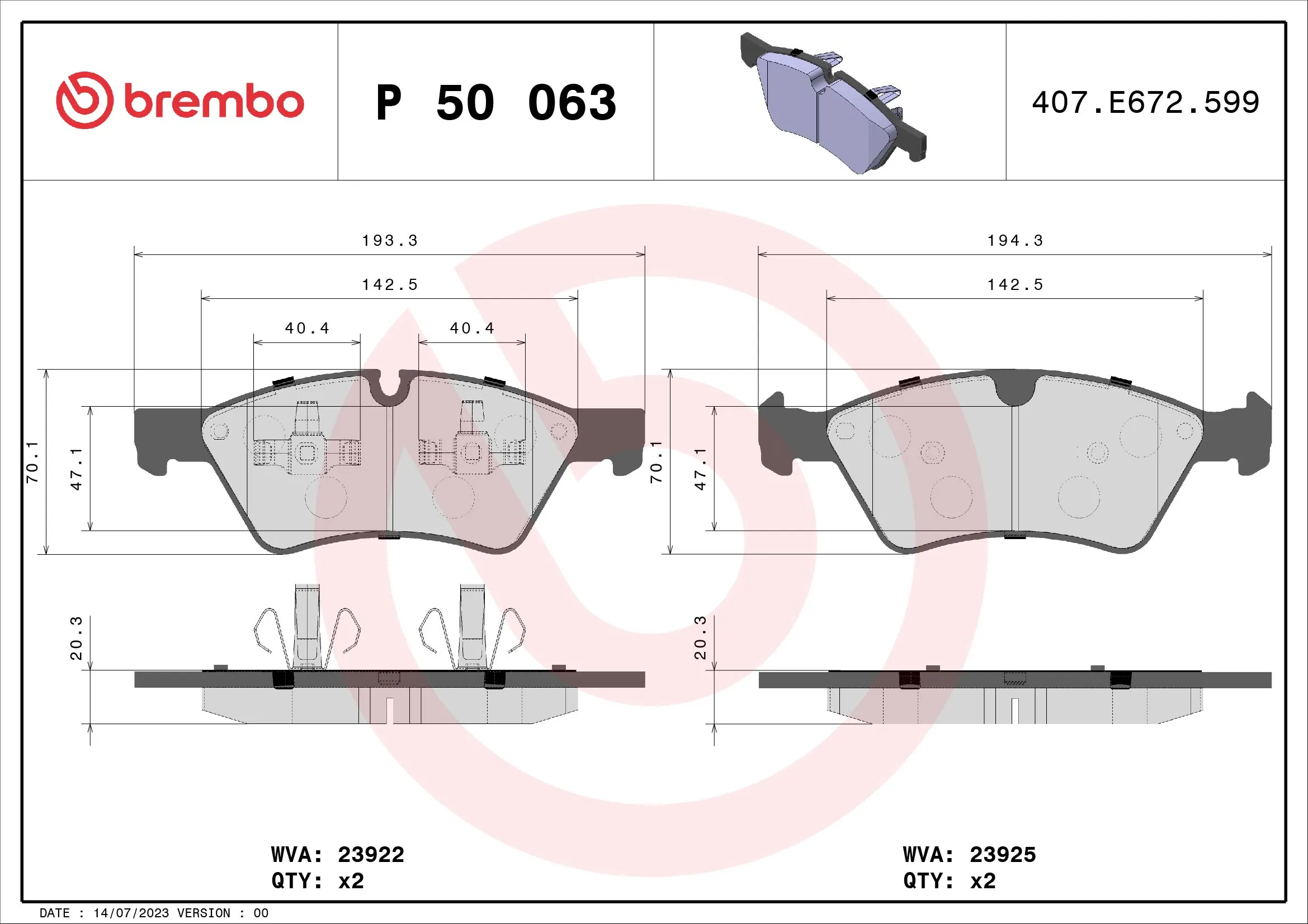Kit de plaquettes de frein, frein à disque BREMBO P 50 063