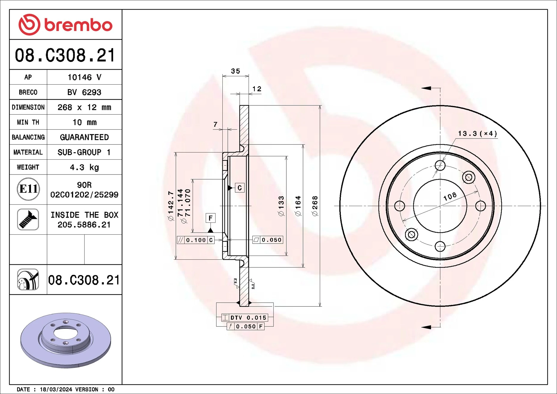 Disque de frein BREMBO 08.C308.21
