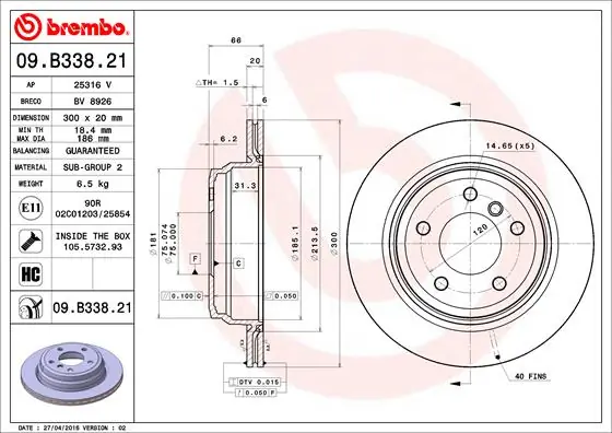 BREMBO 09.B338.21 — Диск гальмівний задн. (вир-во BREMBO)