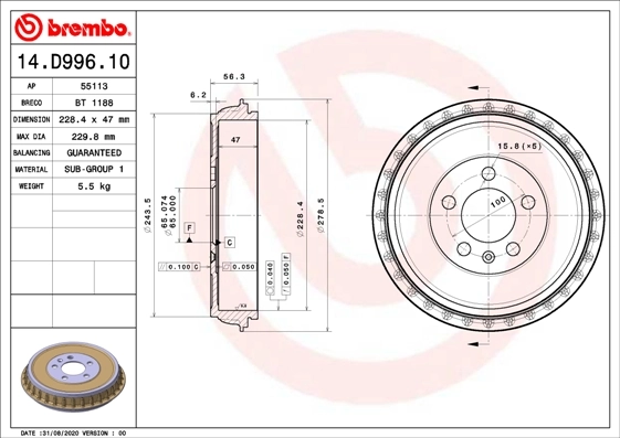 Tambour de frein BREMBO 14.D996.10