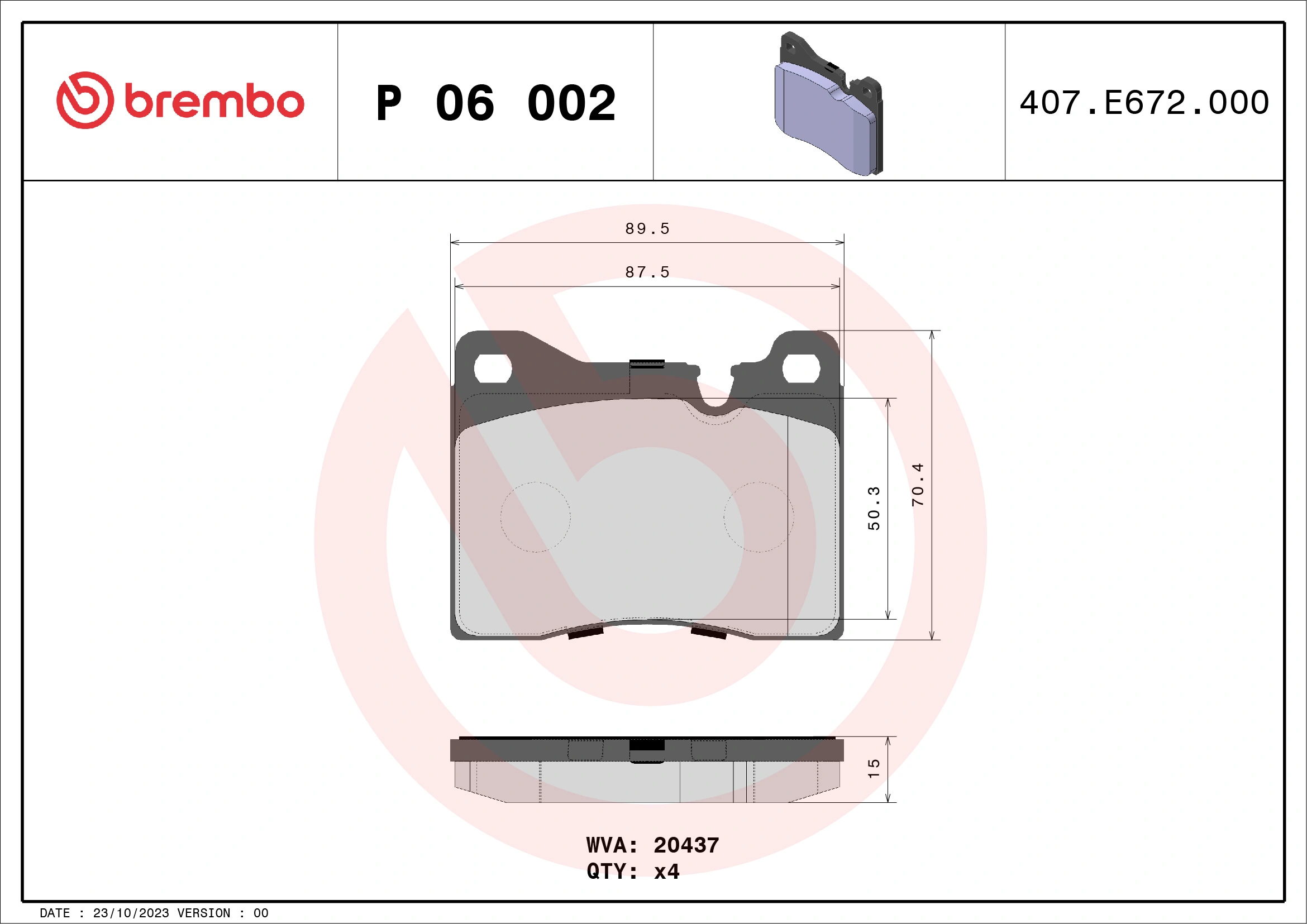 Kit de plaquettes de frein, frein à disque BREMBO P 06 002