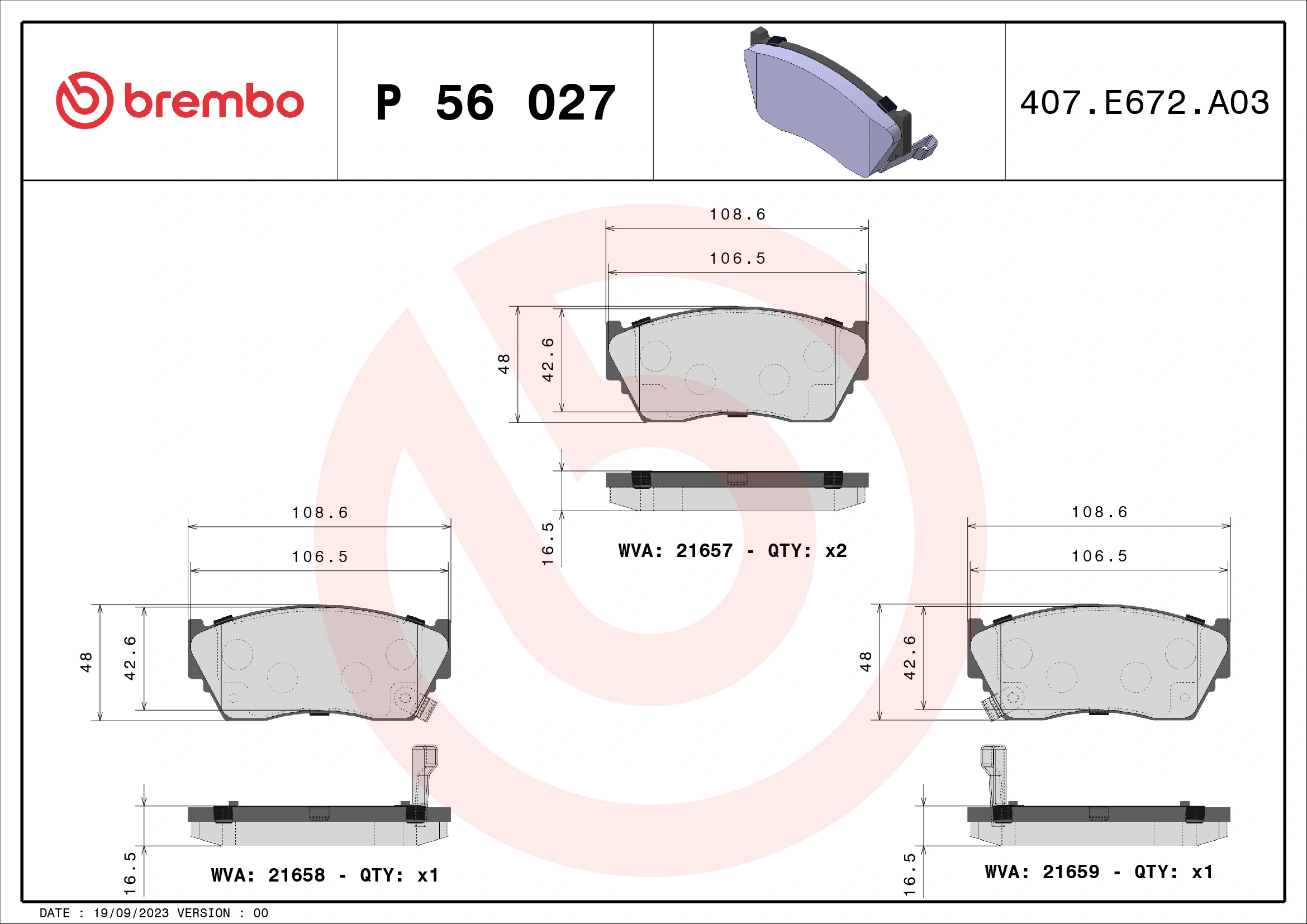 Kit de plaquettes de frein, frein à disque BREMBO P 56 027