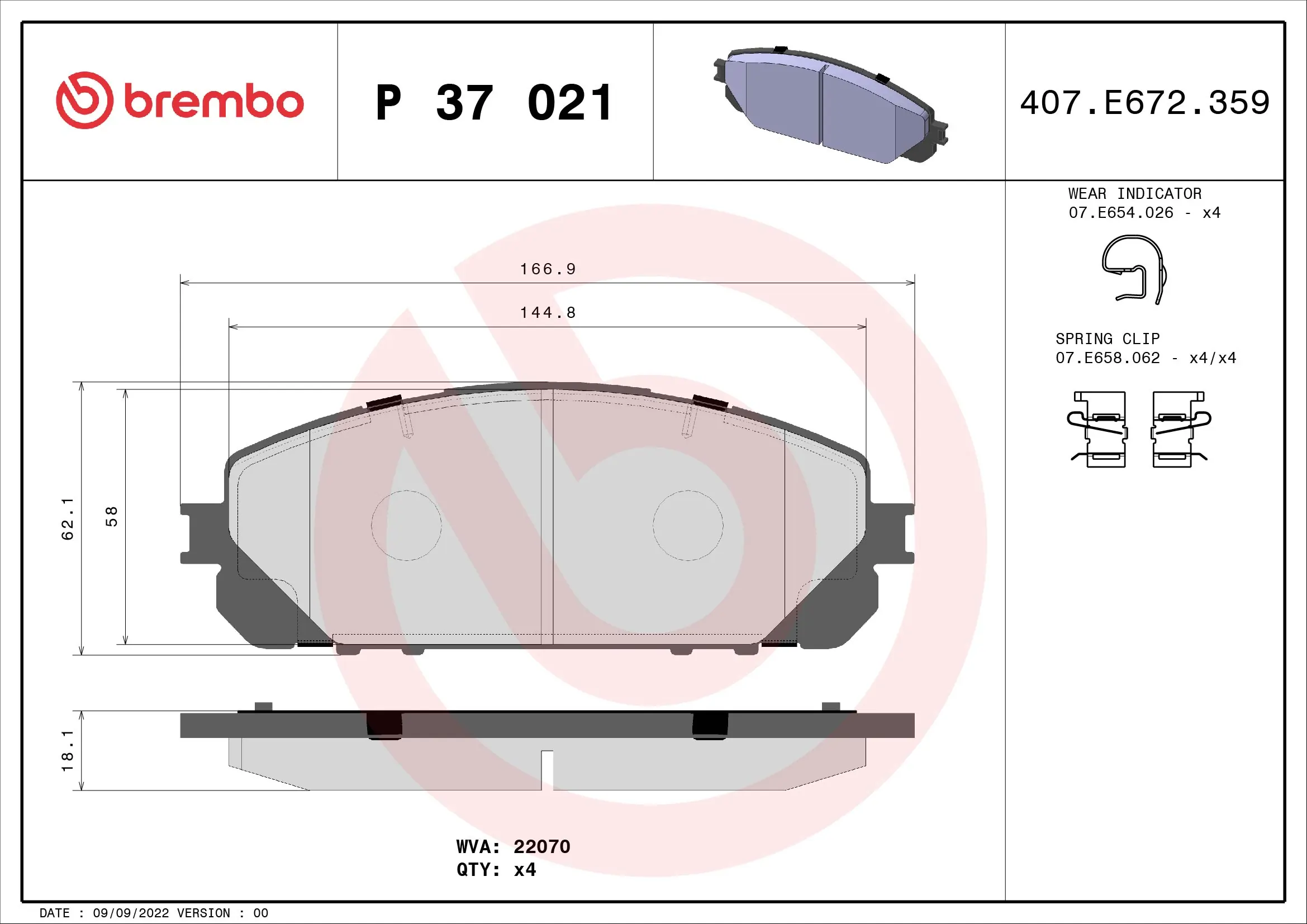 Kit de plaquettes de frein, frein à disque BREMBO P 37 021