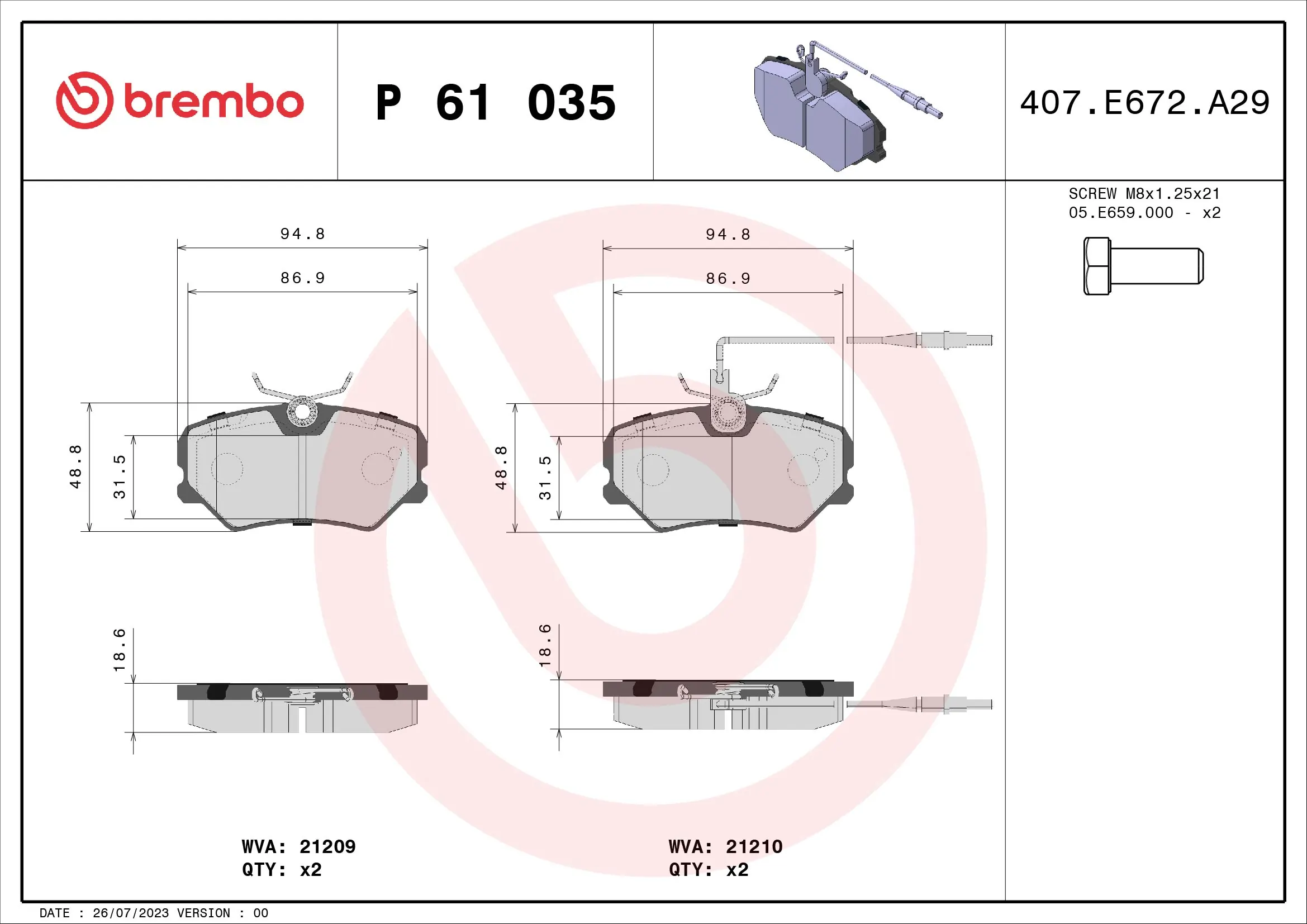 Kit de plaquettes de frein, frein à disque BREMBO P 61 035