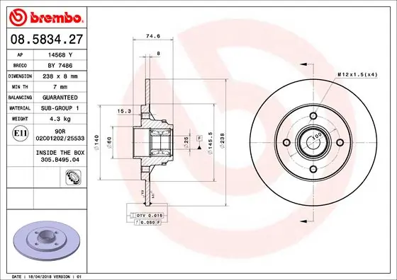 Disque de frein BREMBO 08.5834.27