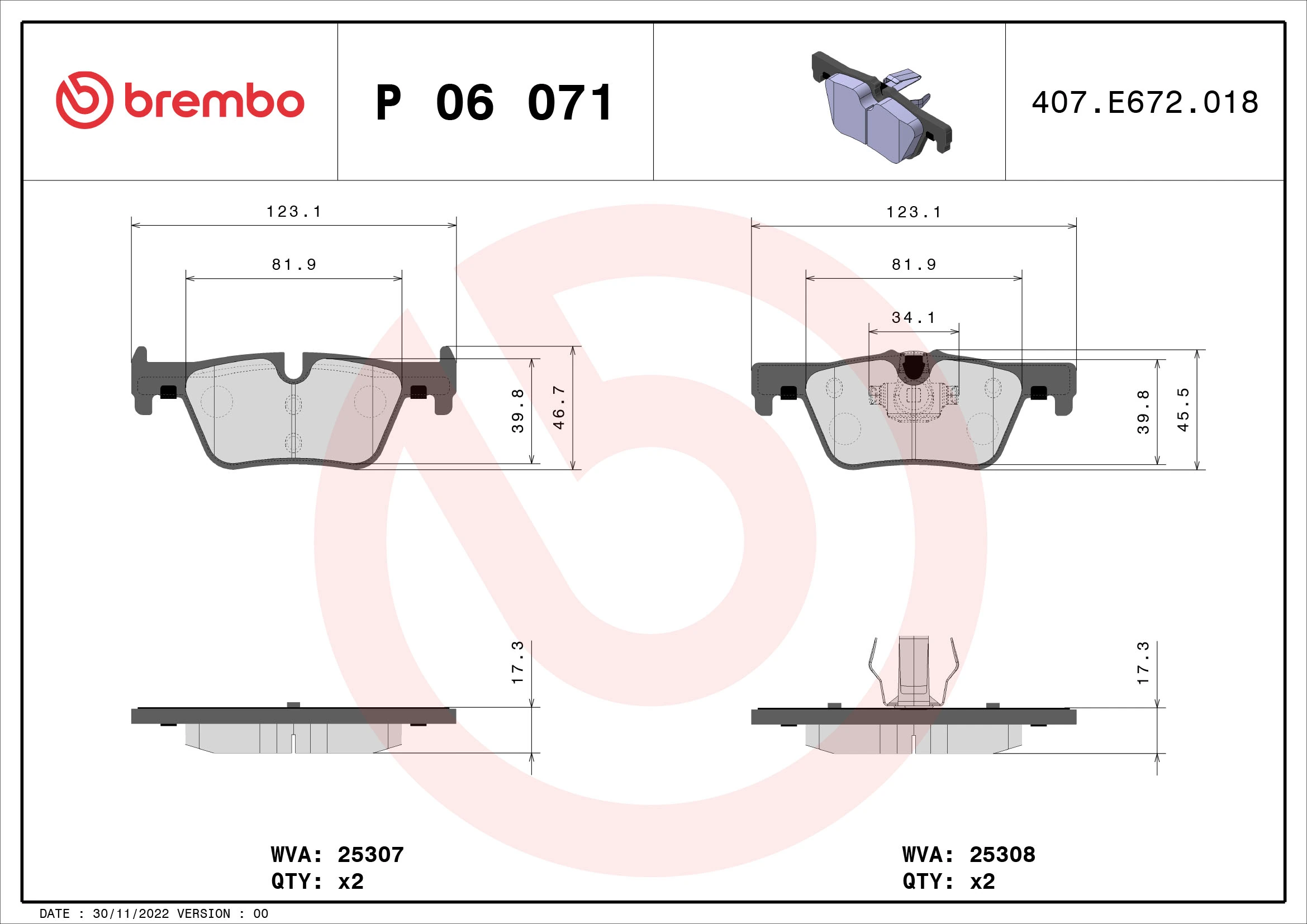 Kit de plaquettes de frein, frein à disque BREMBO P 06 071