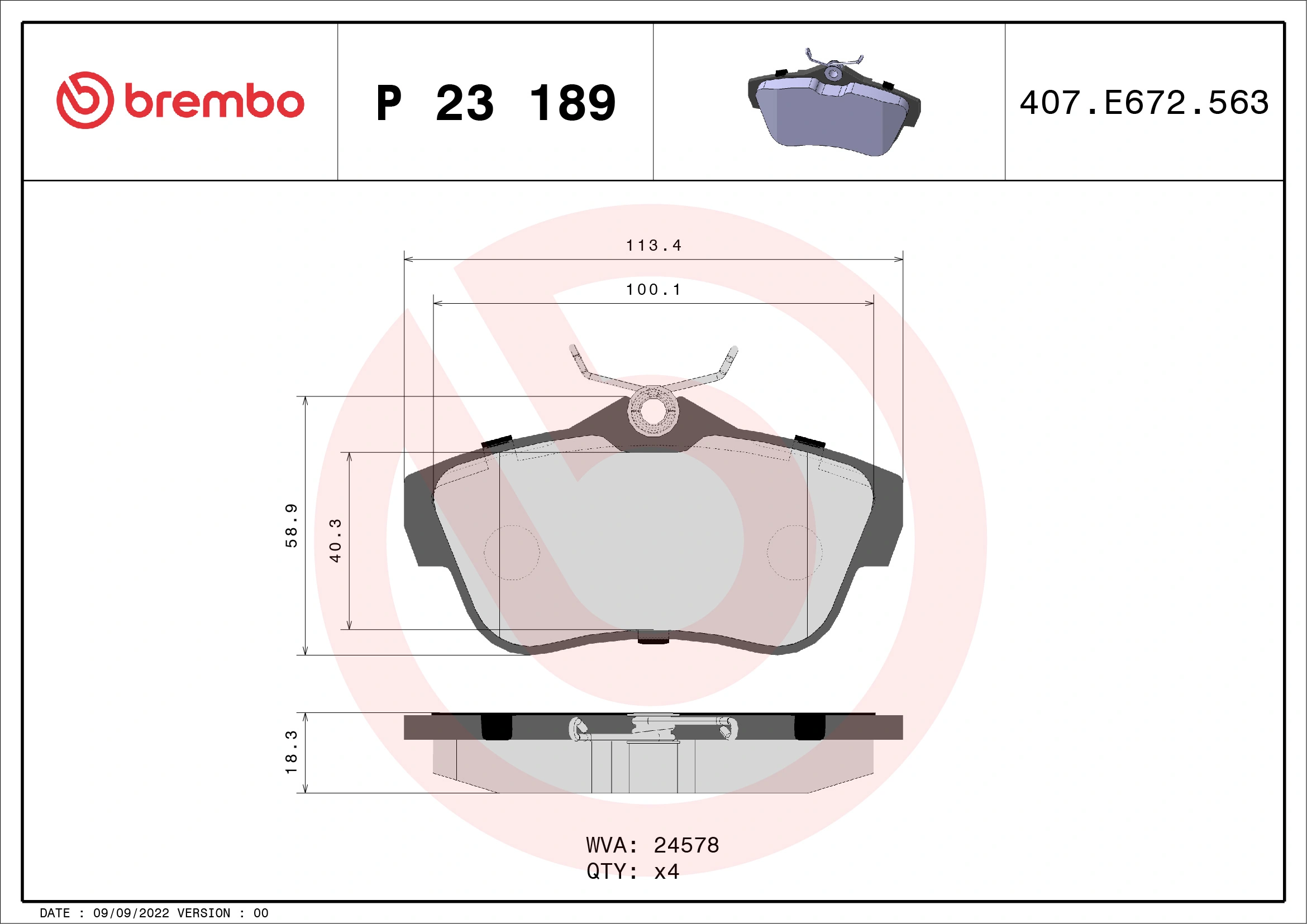 Kit de plaquettes de frein, frein à disque BREMBO P 23 189
