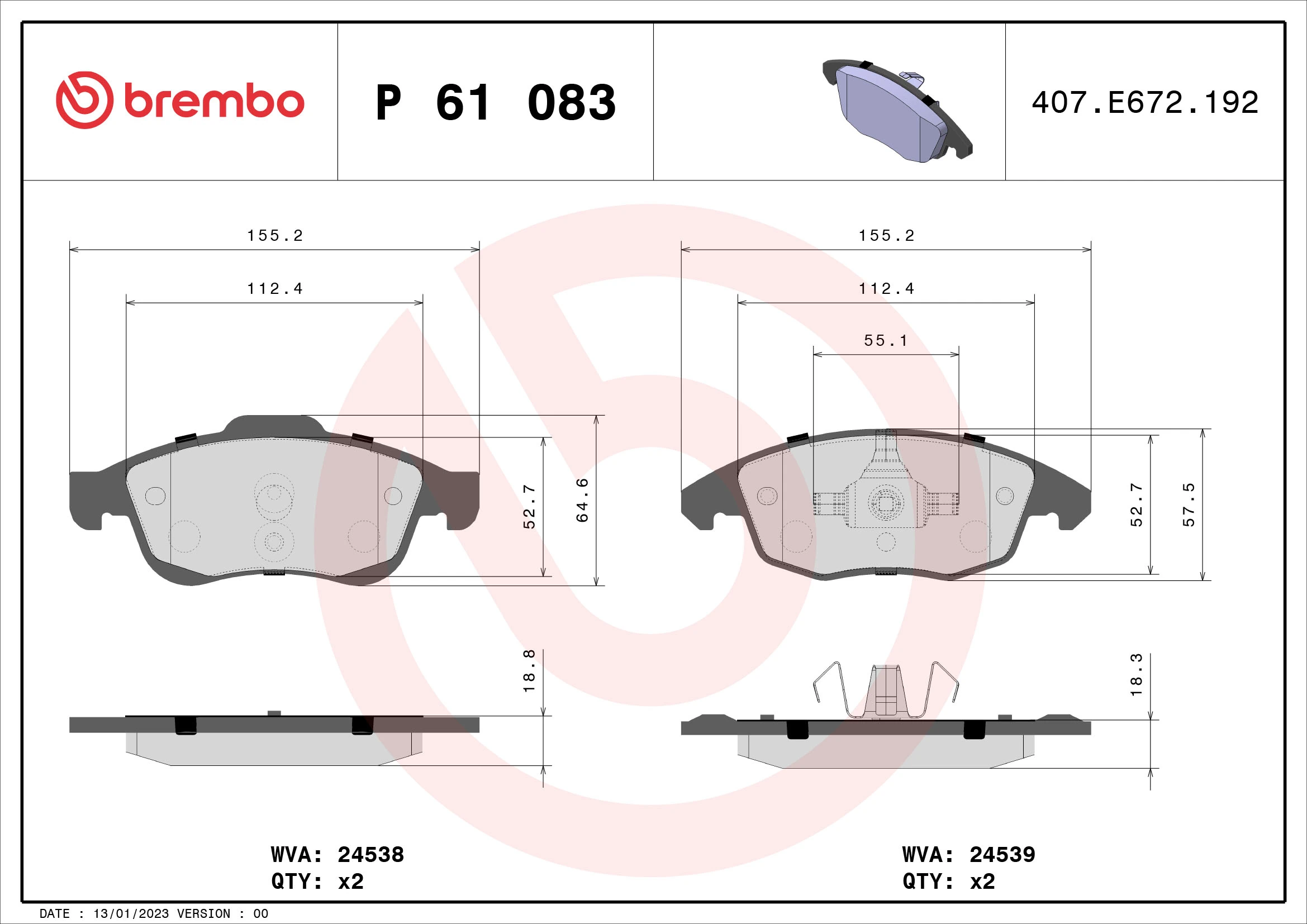 Kit de plaquettes de frein, frein à disque BREMBO P 61 083