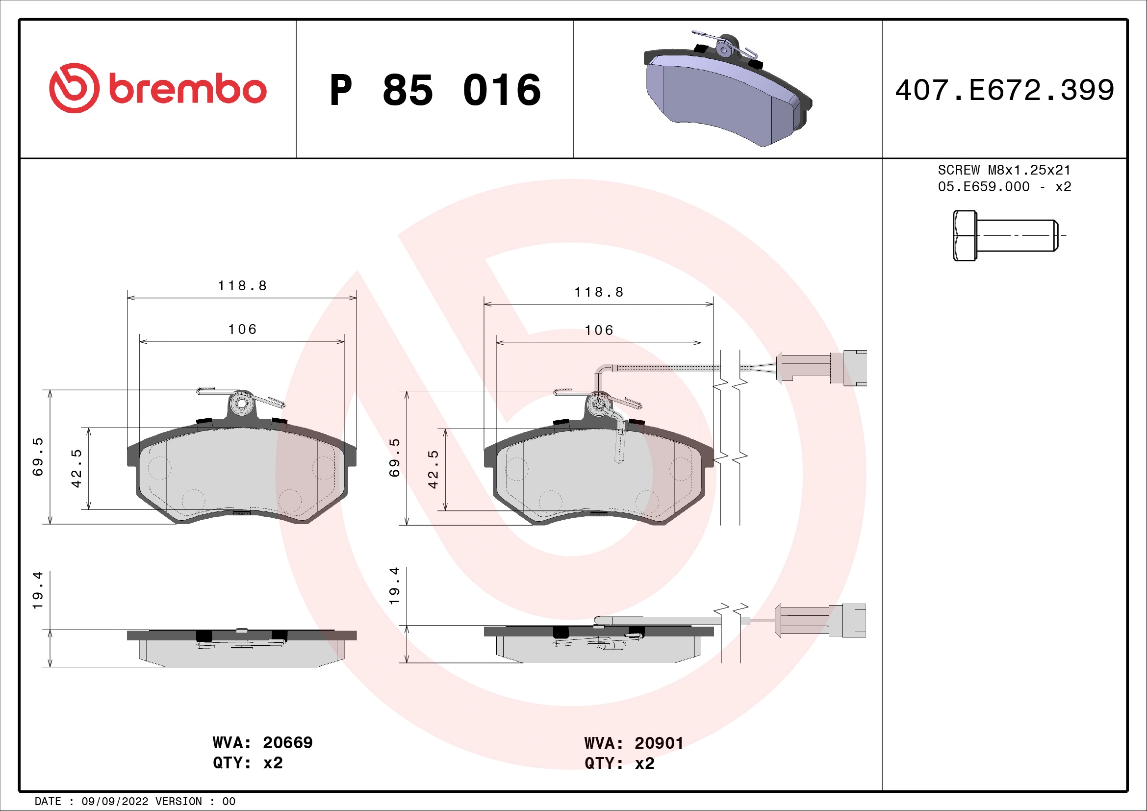 Kit de plaquettes de frein, frein à disque BREMBO P 85 016