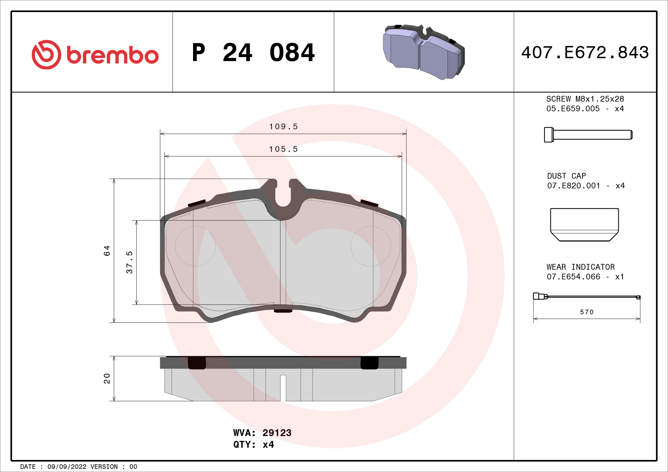 Kit de plaquettes de frein, frein à disque BREMBO P 24 084