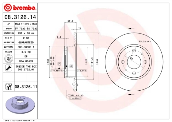 Disque de frein BREMBO 08.3126.11