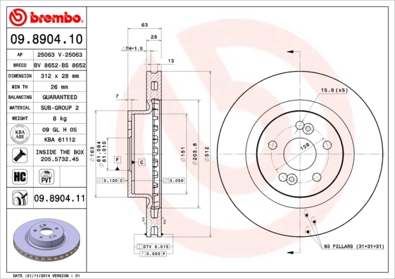 Disque de frein BREMBO 09.8904.11