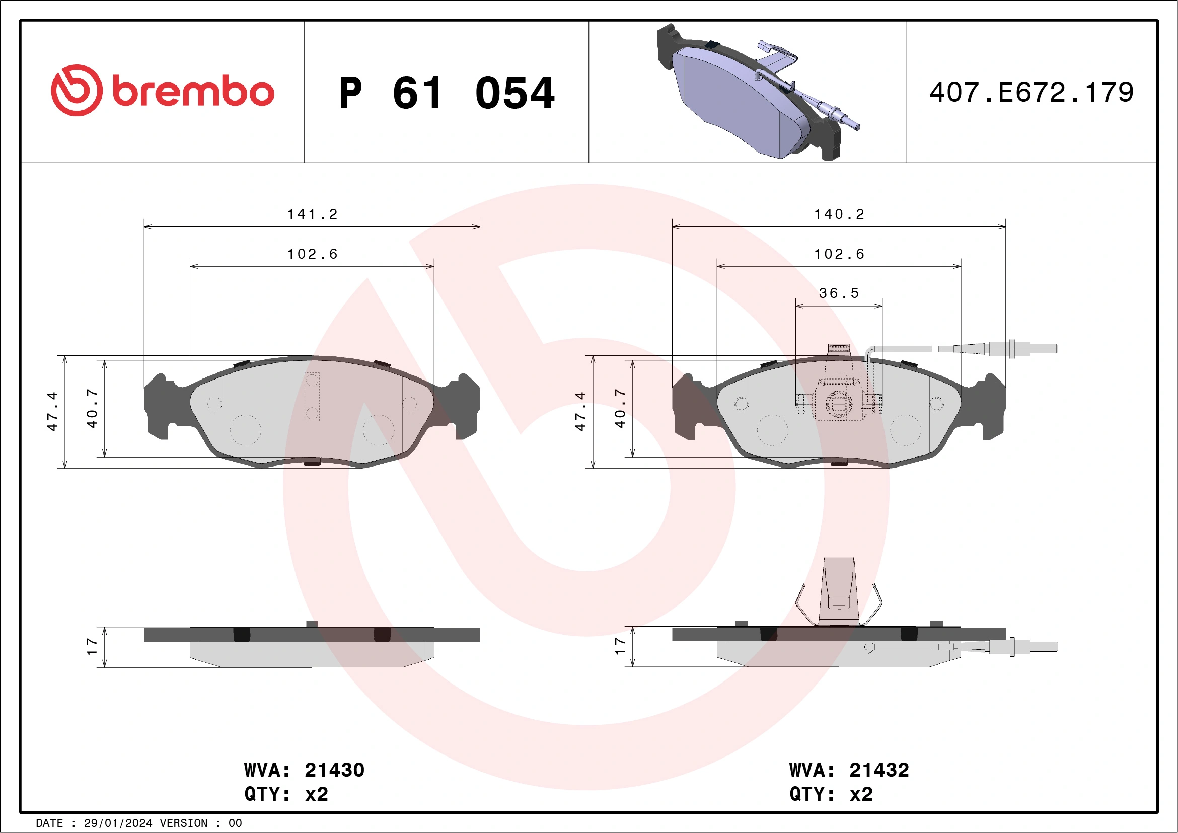Kit de plaquettes de frein, frein à disque BREMBO P 61 054