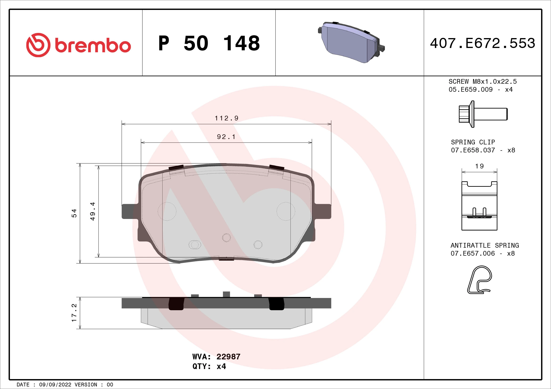 Kit de plaquettes de frein, frein à disque BREMBO P 50 148