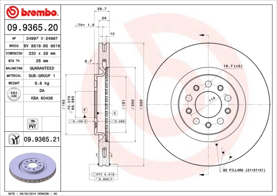 Disque de frein BREMBO 09.9365.21