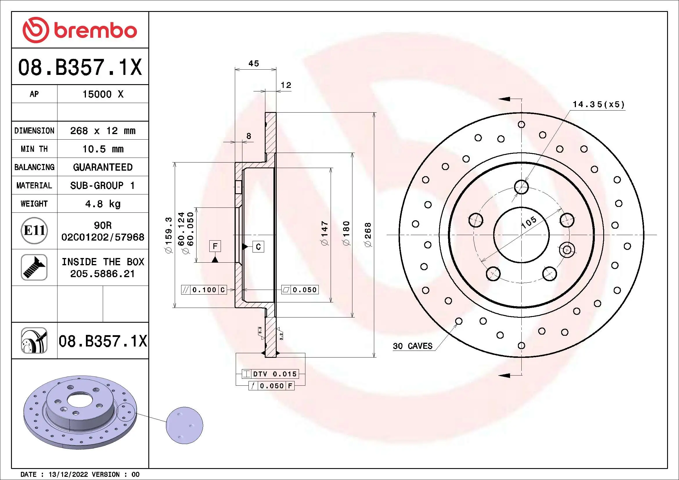 Disque de frein BREMBO 08.B357.1X