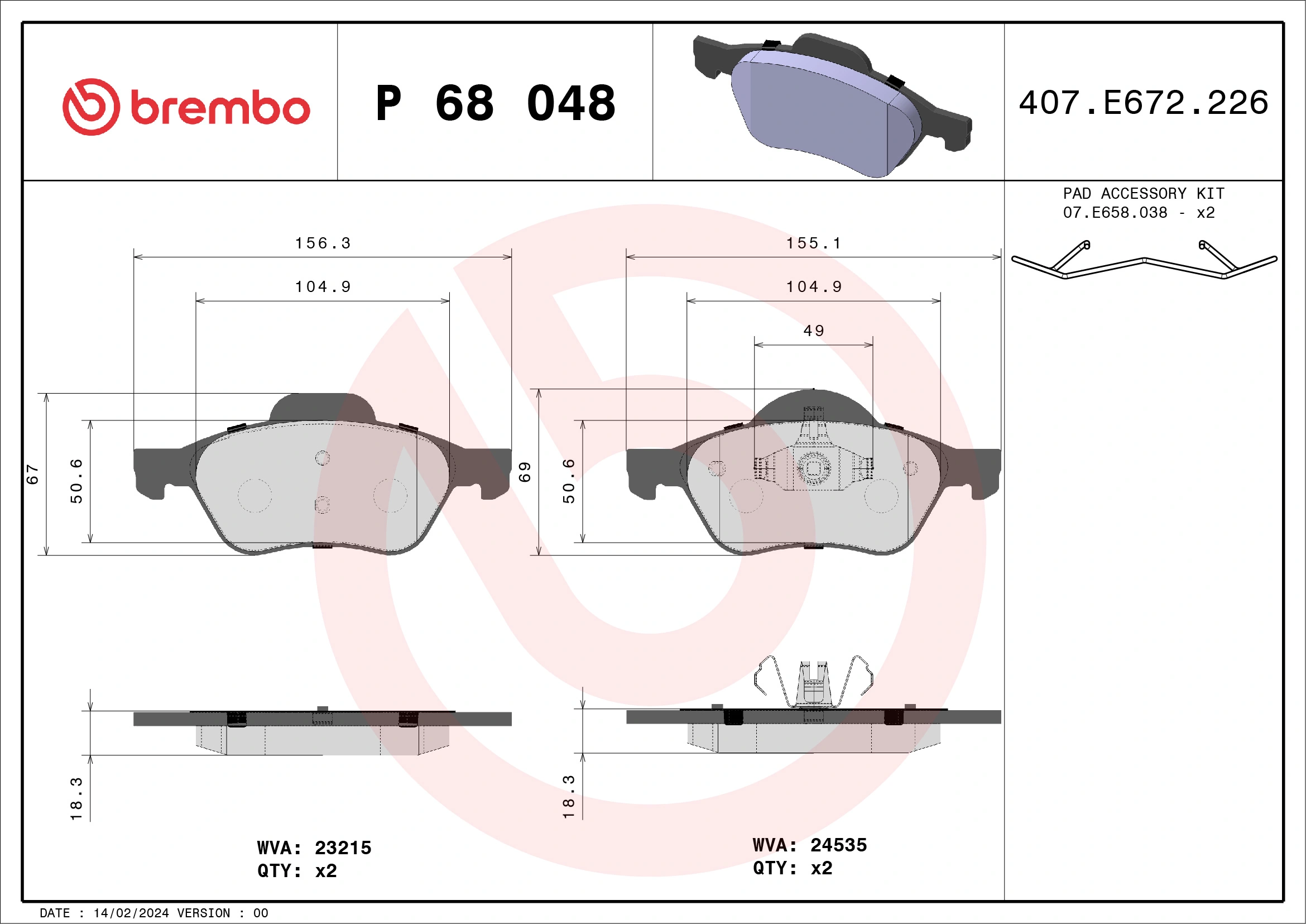 Kit de plaquettes de frein, frein à disque BREMBO P 68 048