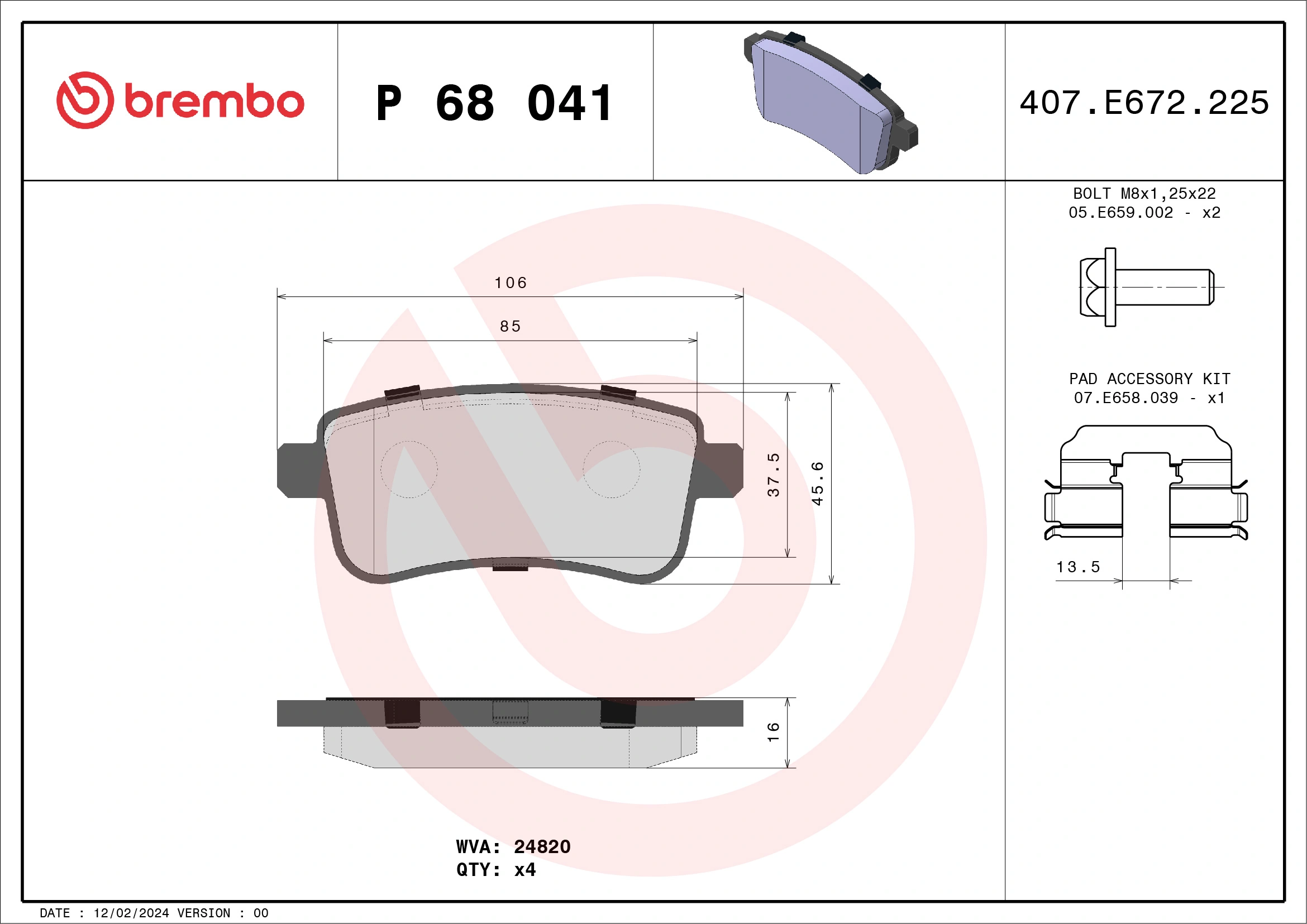 Kit de plaquettes de frein, frein à disque BREMBO P 68 041