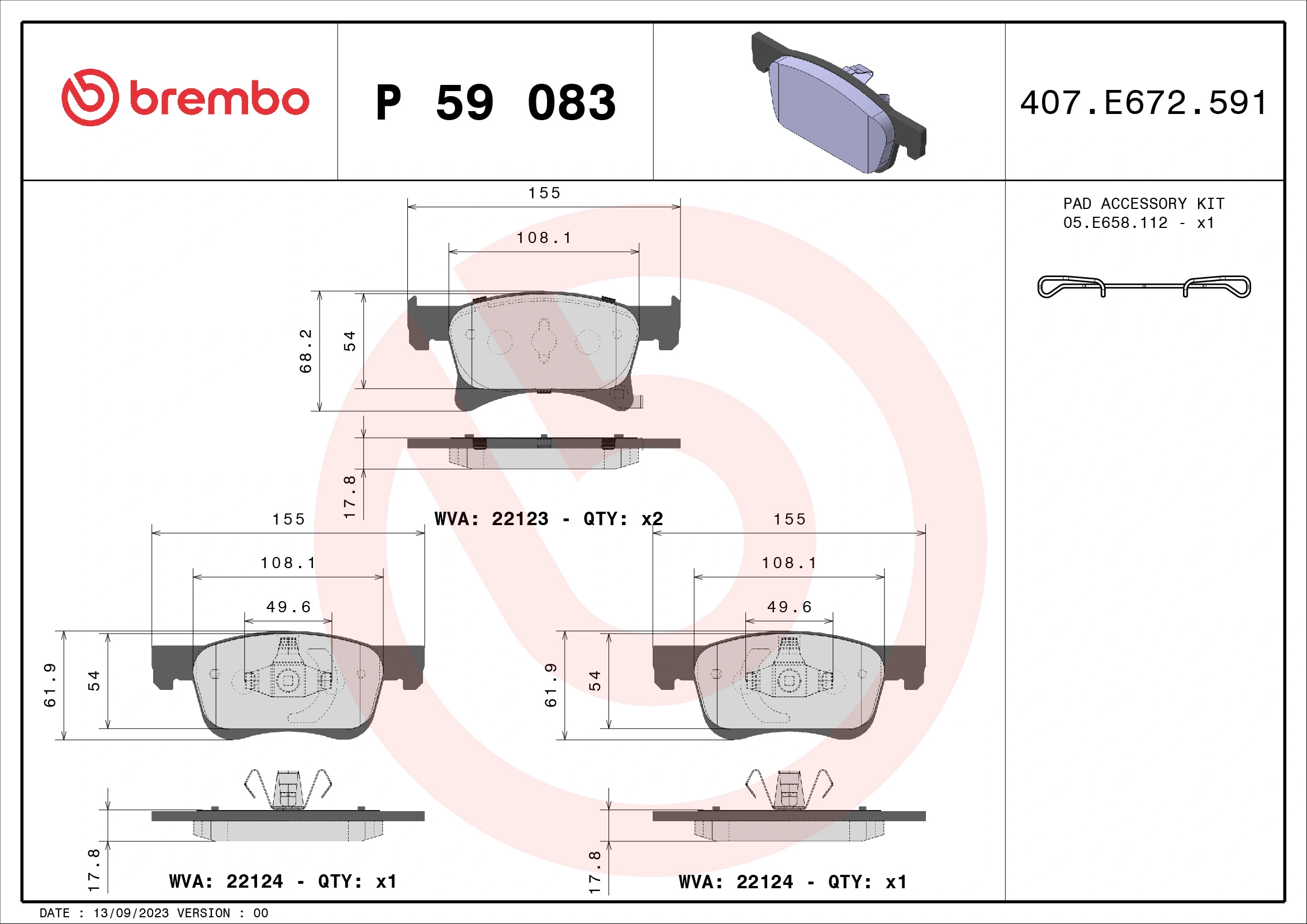 Kit de plaquettes de frein, frein à disque BREMBO P 59 083