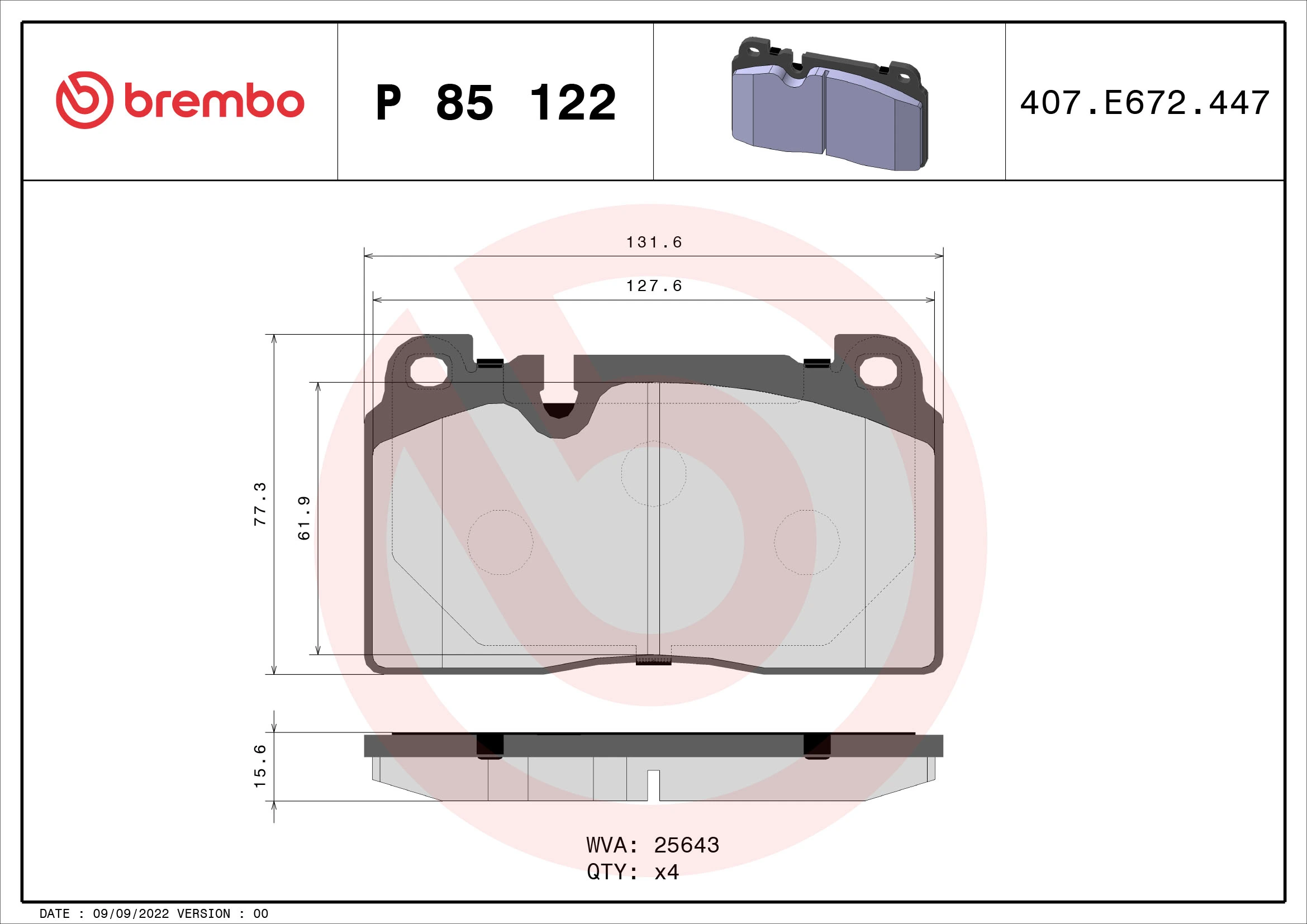 Kit de plaquettes de frein, frein à disque BREMBO P 85 122