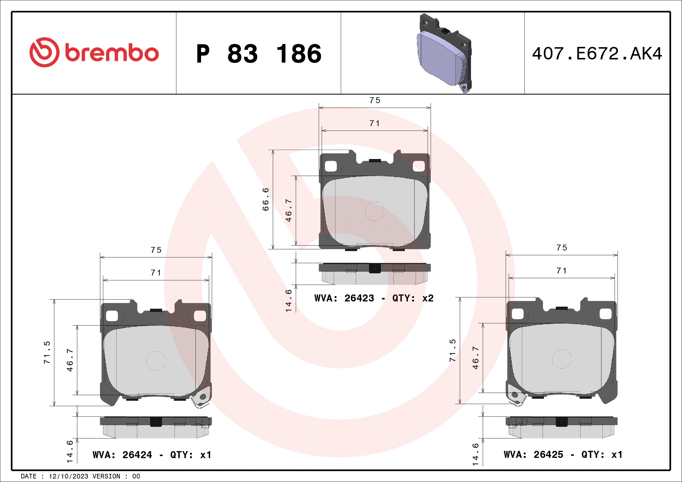 Kit de plaquettes de frein, frein à disque BREMBO P 83 186
