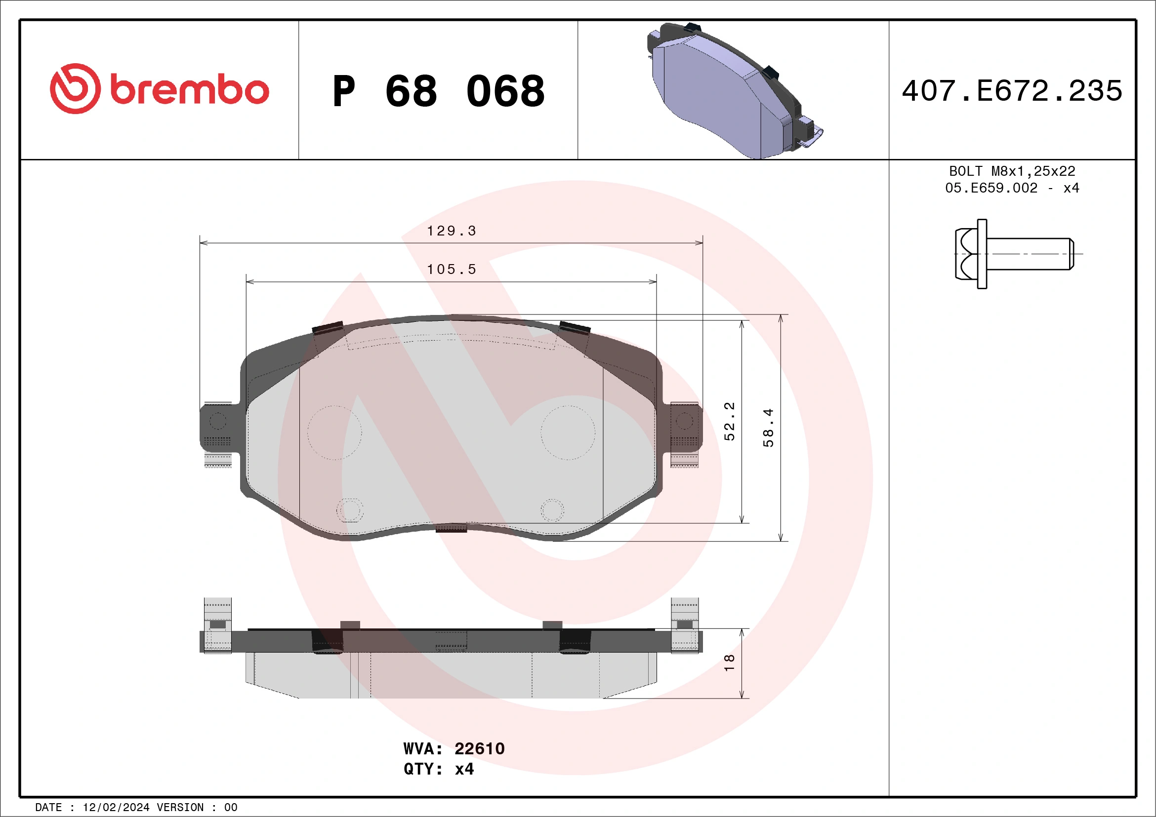 Kit de plaquettes de frein, frein à disque BREMBO P 68 068X