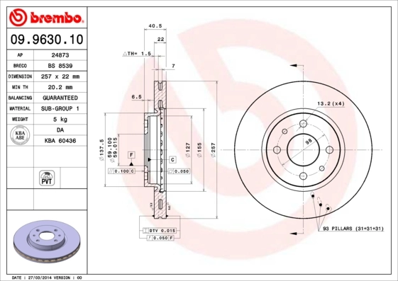 Disque de frein BREMBO 09.9630.10