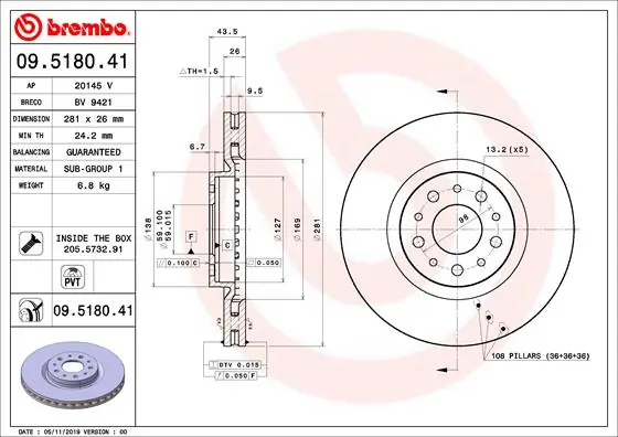 Disque de frein BREMBO 09.5180.41