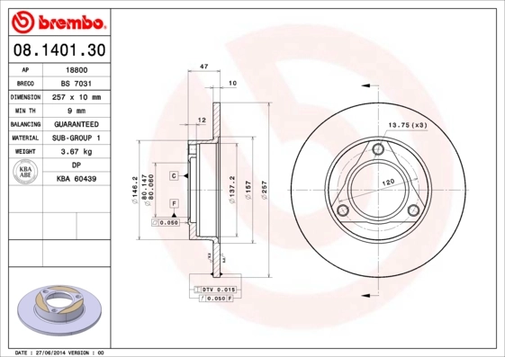 Disque de frein BREMBO 08.1401.30