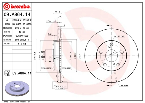 Disque de frein BREMBO 09.A864.14