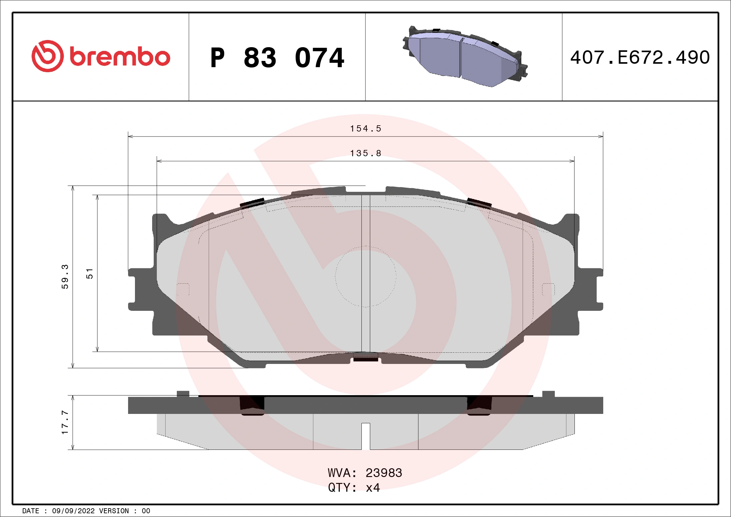 Kit de plaquettes de frein, frein à disque BREMBO P 83 074
