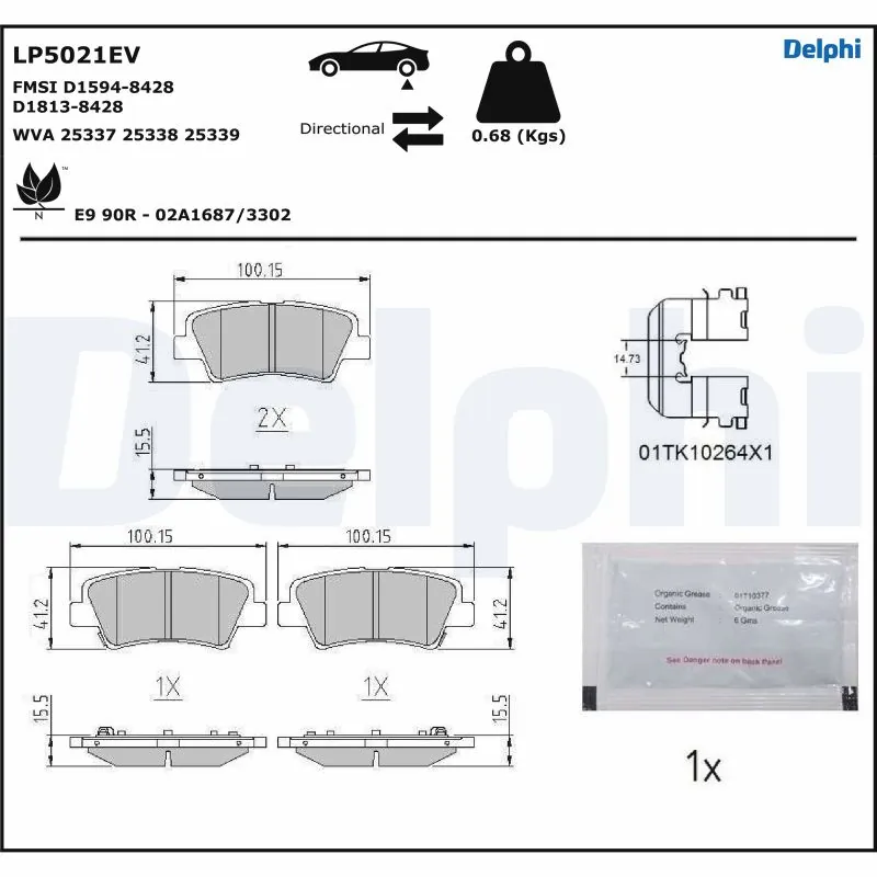 Kit de plaquettes de frein, frein à disque DELPHI LP5021EV