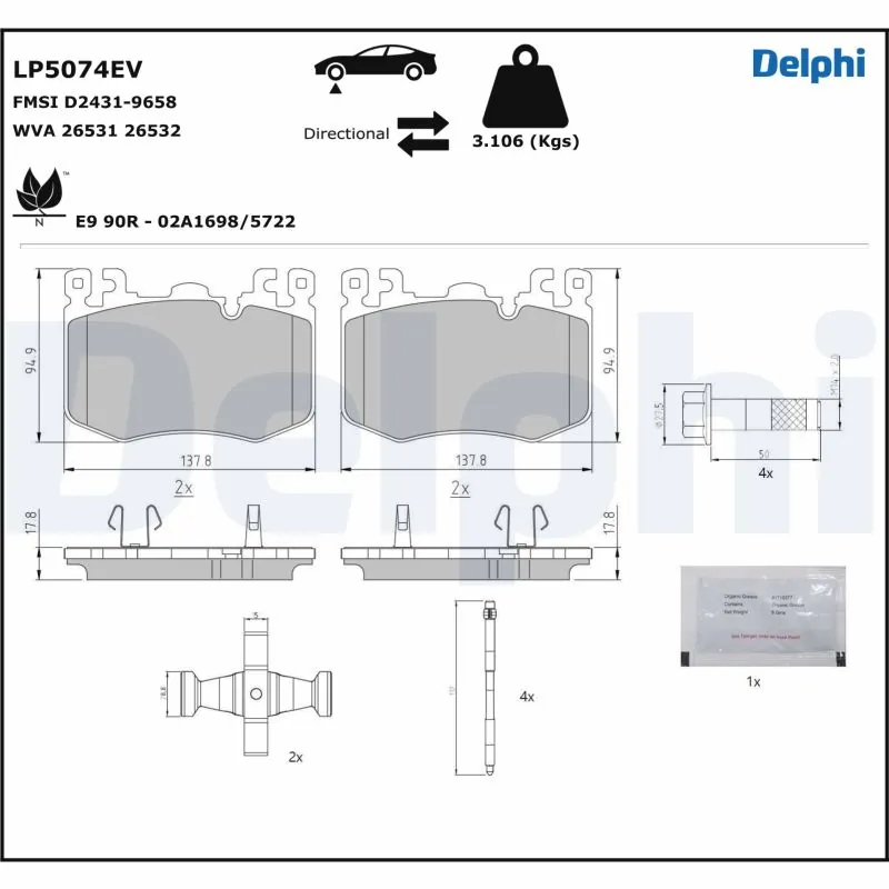 Kit de plaquettes de frein, frein à disque DELPHI LP5074EV