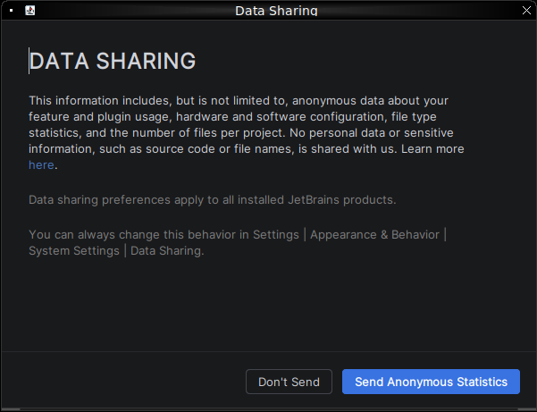 نافذة Data Sharing لاختيار مشاركة الإحصاءات