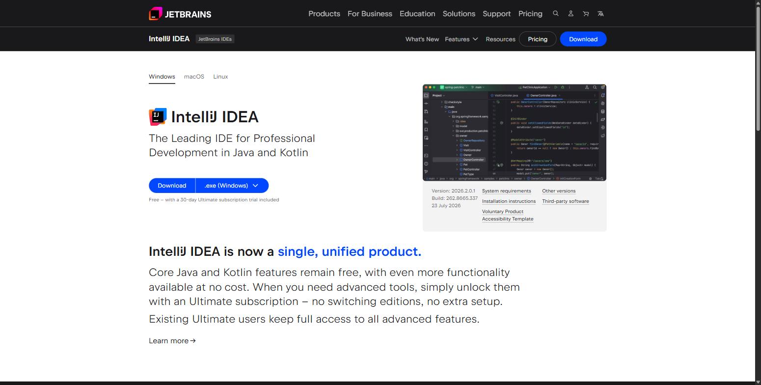 صفحة تحميل IntelliJ IDEA على موقع جيت برينز
